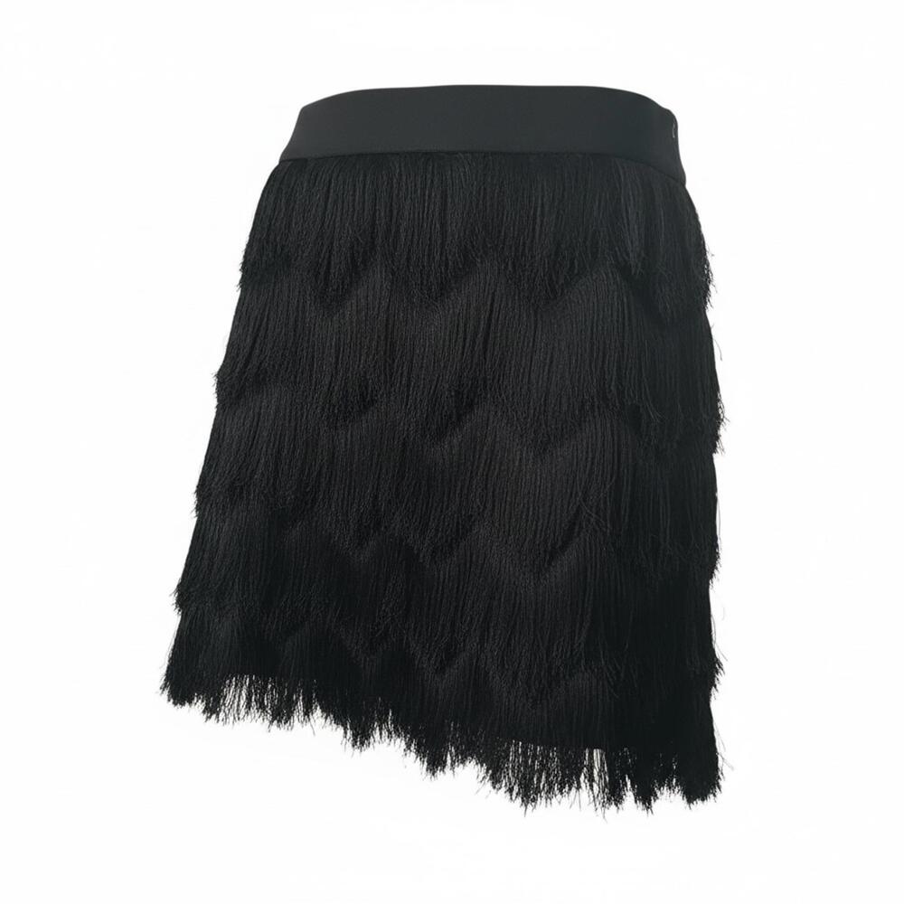 BCBG Black Fringe Mini Skirt Size Small Stretch Waist Party Skirt Dance Style